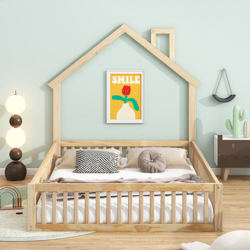 Lit plateforme en bois pleine grandeur avec garde-corps, naturel, Naturel