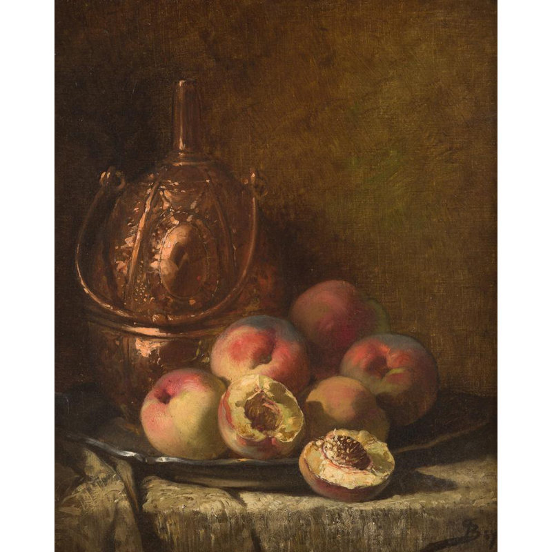 "Nature morte avec vase et pêche" par Pierre-Marie Beyle - Art mural sur toile tendue avec châssis, H 18 po x l 14 po