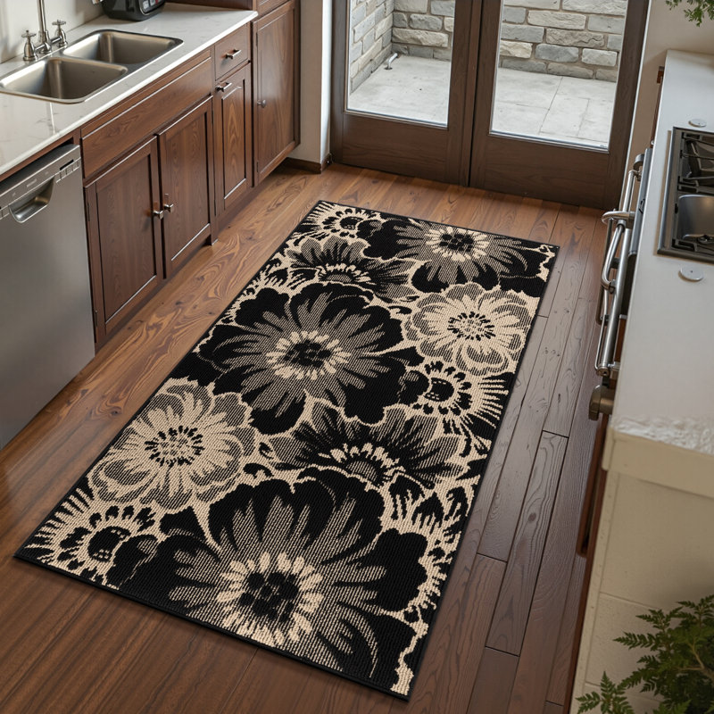 Paillasson antidérapant à motif floral lavable, L 36 po x L 60 po, Black/Beige