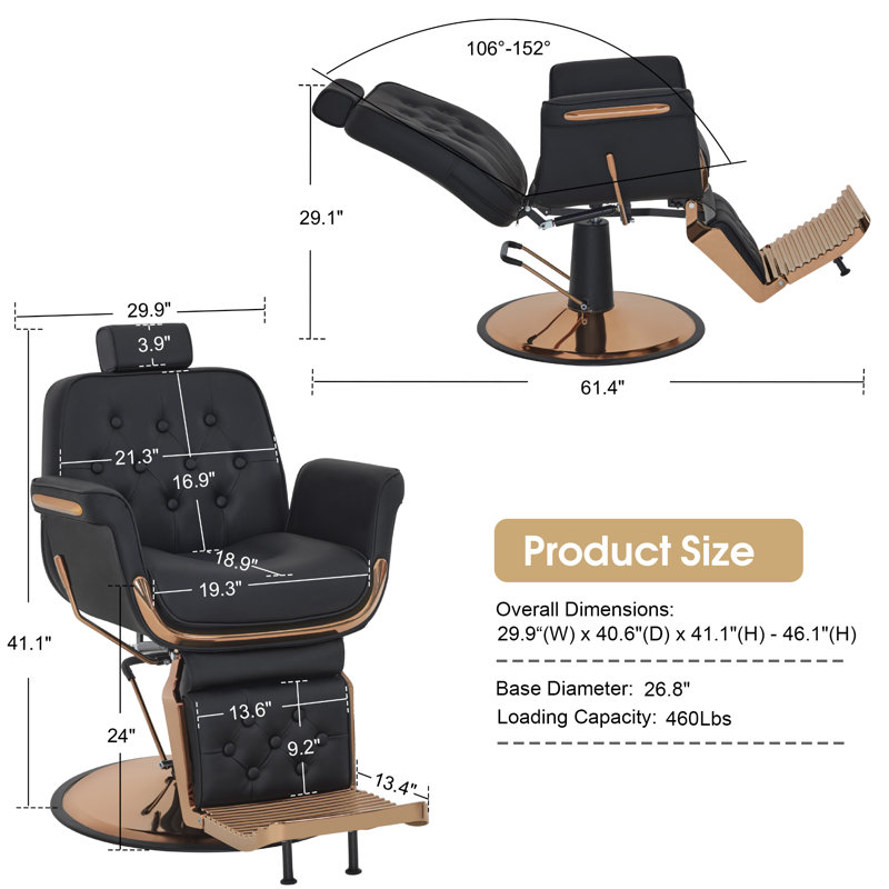 Fauteuil de coiffeur inclinable hydraulique robuste, fauteuil de salon en similicuir pour coiffeur, Noir, noir, noir, noir