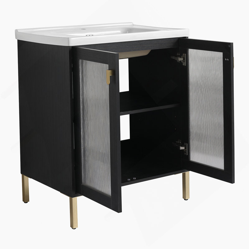 Contreplaqué de meuble-lavabo autoportant avec lavabo en céramique, porte à fermeture douce