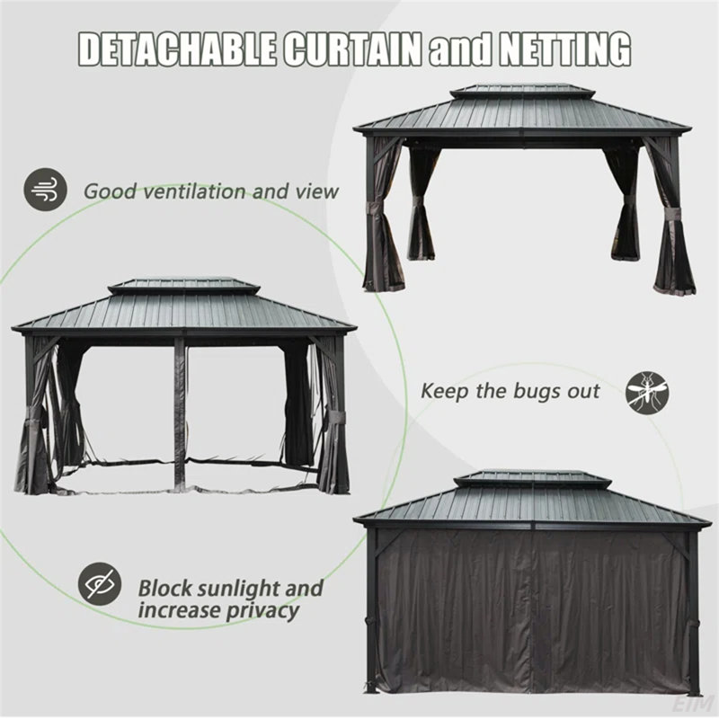 Hardtop Gazebo Outdoor Aluminum Gazebos Grill With Galvanized Steel Double Canopy For Patios Deck Backyard,Curtains&Netting (Canopy)