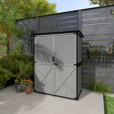 Outdoor Storage Cabinet, Wood Garden Tool Shed with Steel Frame and Asphalt Roof, Garden Storage Shed with 2 Shelves, Lockable Doors and Adjustable Feet for Patio Backyard Lawn