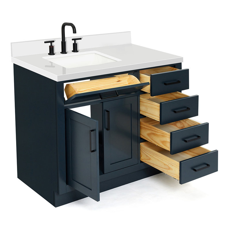 Meuble-lavabo simple en bois massif 42 po Tidworth avec plateau en quartz blanc 1,5 po, Gauche, Forme rectangulaire