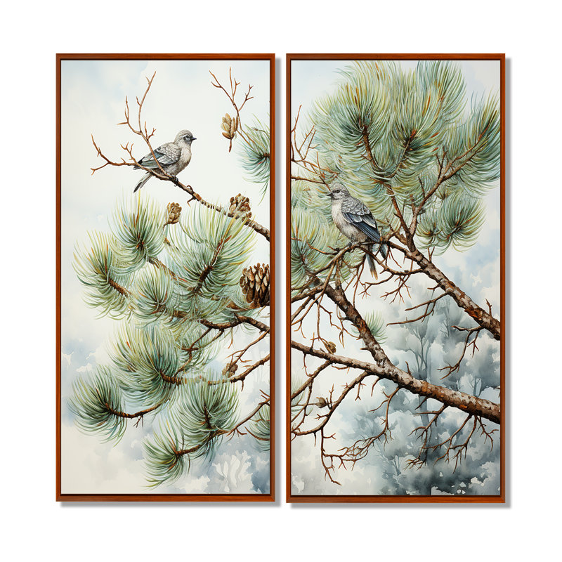 Oiseau sur pin I - art mural pin grand arbre, H 20 po x l 24 po, Impression encadrée flottante, Brun