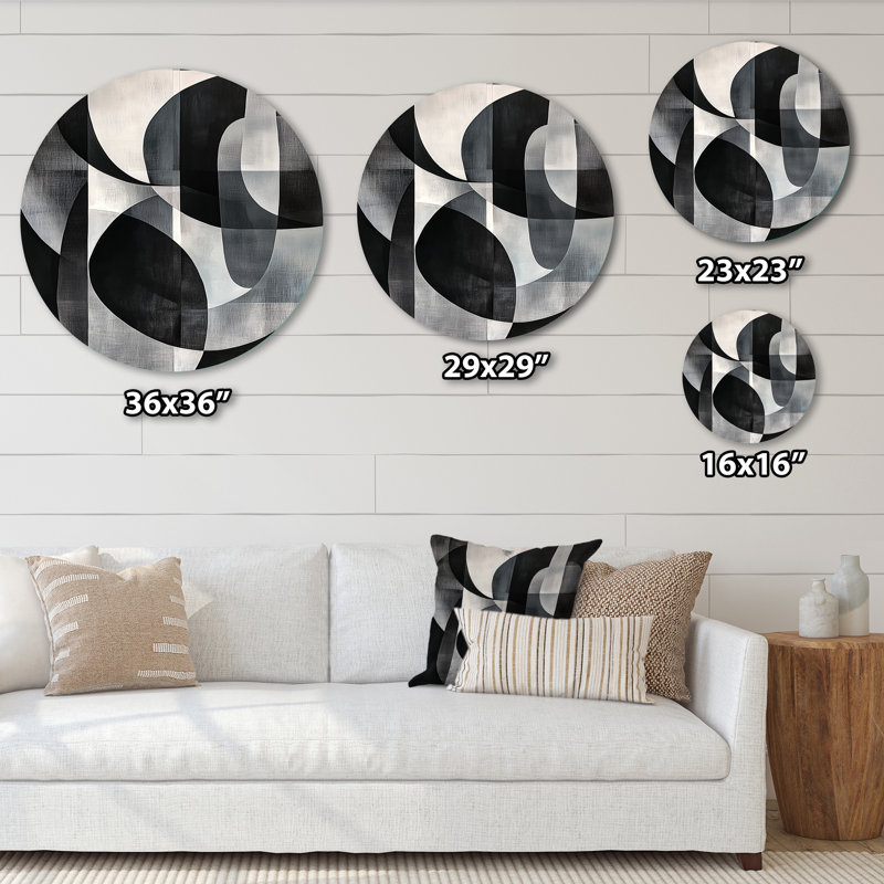 Courbes en gris pâle - Décoration murale ronde en métal aux formes abstraites, H 23 po x l 23 po