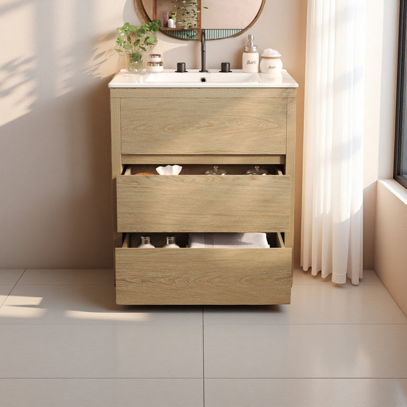 Meuble-lavabo sur pied 30 po avec lavabo en céramique et 2 tiroirs pleine extension, Naturel