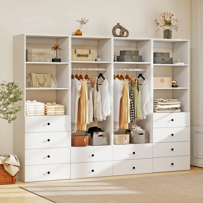 Système d'organisation modulaire blanc avec 2 tringles, 8 tablettes et 12 tiroirs