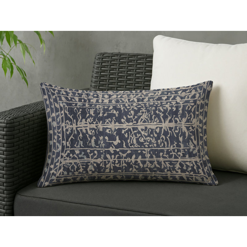 Coussin décoratif intérieur et extérieur Modern, Bleu marine / ivoire / beige floral, Rectangle H 25 po x l 18 po