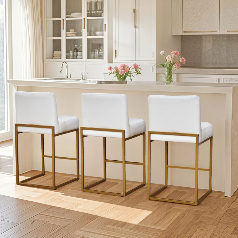 26" Counter Height Barstools Stools Set of 3, with Snow White Linen Fabric Matte Metal Base