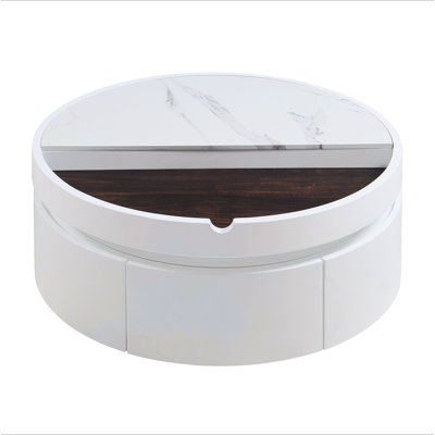 White Round Lift Coffee Table with 1 Drawer, 29.5 Inch, Marble and Wood Grain Tabletop for Modern Living