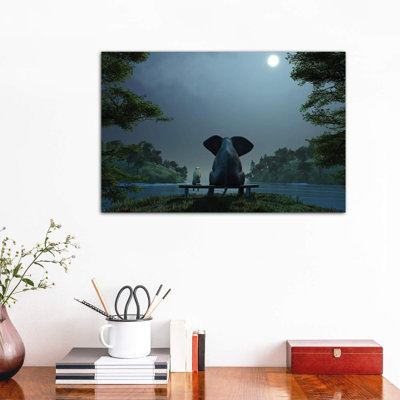 Elephant And Dog At Summer Night by Mike Kiev - Wrapped Canvas Print