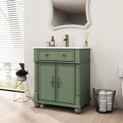 Lavabo de salle de bain de style médiéval, poignées en métal, tablettes réglables en hauteur pour salle de bain de 28 pouces avec base de colonne romaine, cosmétiques
