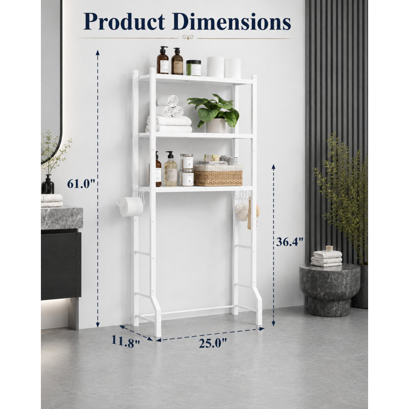 Over The Toilet Storage Rack - Freestanding Over The Toilet Storage Cabinet with Paper Holder & Hooks, Bathroom Organizers and Storage, White, 3 Tiers (61" H)