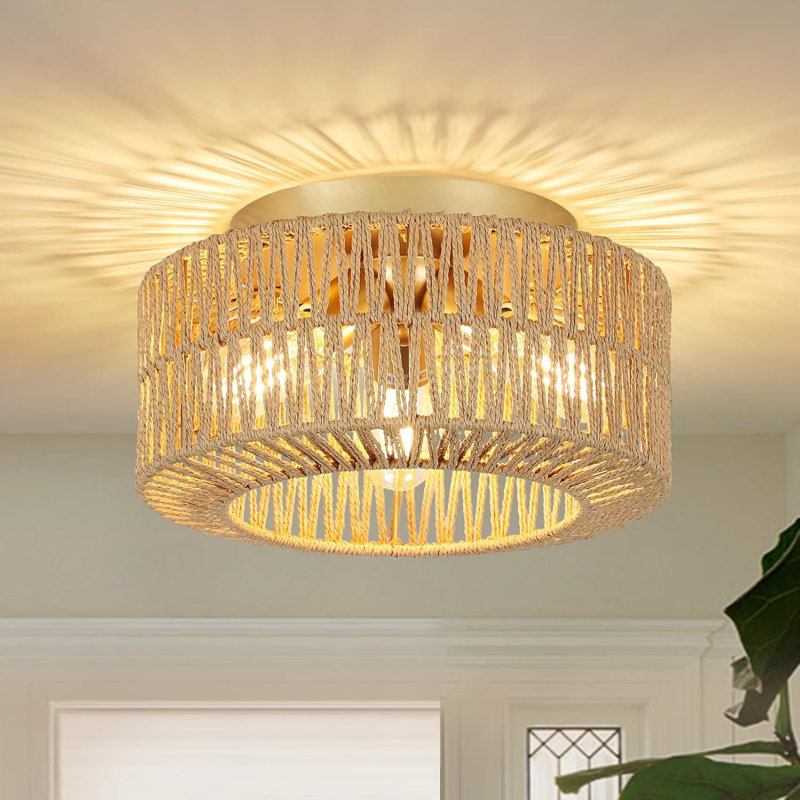 Boho Light Fixtures 3-Light Farmhouse Rattan Ceiling Light Flush Mount With Hand-Woven Shade