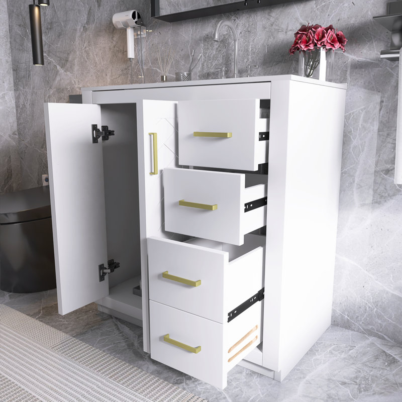 30'' Solid Wood Frame Freestanding Bathroom Vanity Set With Ceramic Top, White