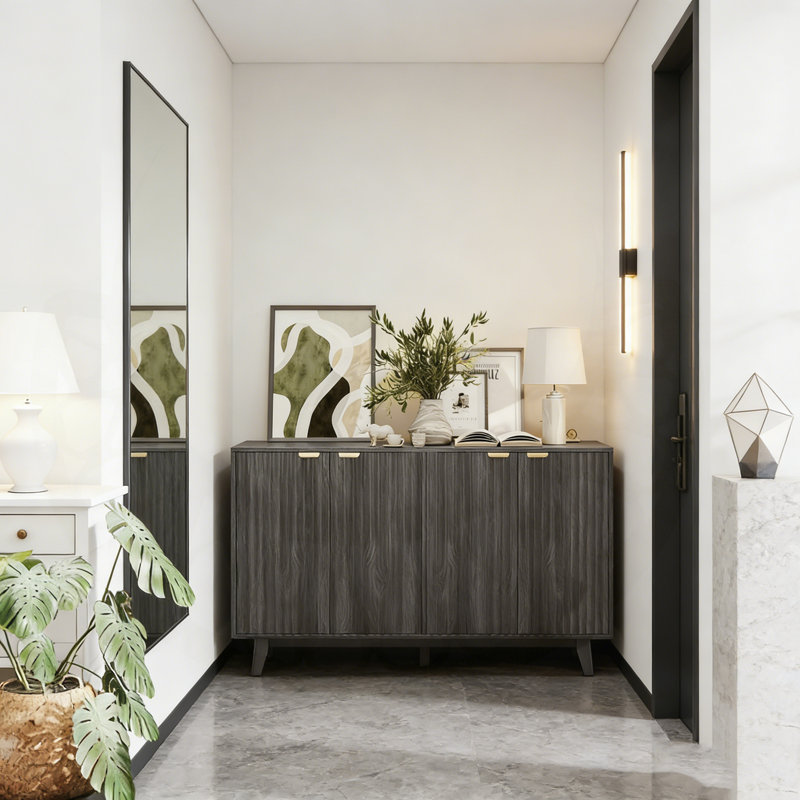 Fluted Sideboard Buffet Cabinet with Adjustable Shelves, Modern Design, and Stable Wood Legs for Versatile Home Use.
