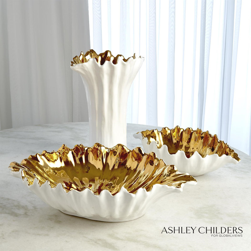 Organic Wave Oval Bowl-White-Lg, White/Gold