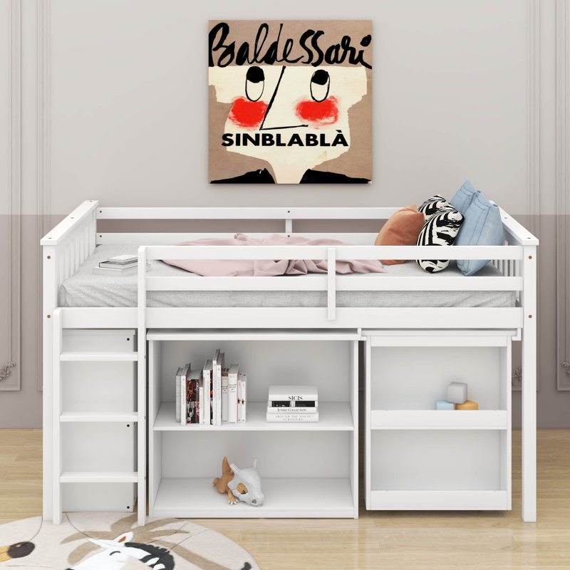 Twin Loft Bed With Drawer Cabinet, Shelf Cabinet And Pulling -Out Desk, White