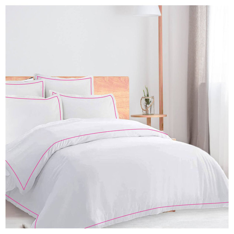 400TC Cotton Single Edge Embroidery Sateen Solid Duvet Cover Set, Twin XL Duvet Cover + 2 Standard Pillowcases, Pink/White