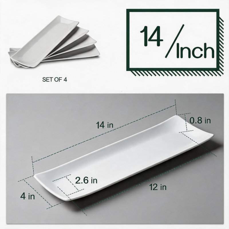 Ensemble de 4 plateaux de service rectangulaires de 14 pouces de 4 plateaux à dîner en céramique à usages multiples