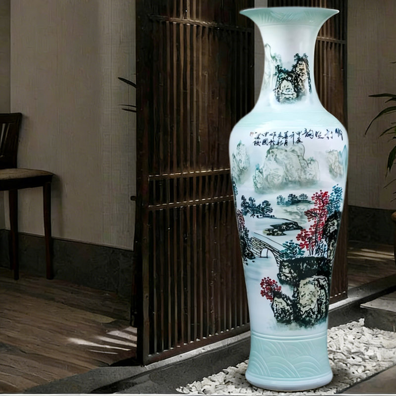 55.12"Jingdezhen hand-painted blue-and-white landscape floor-standing large vase decoration piece