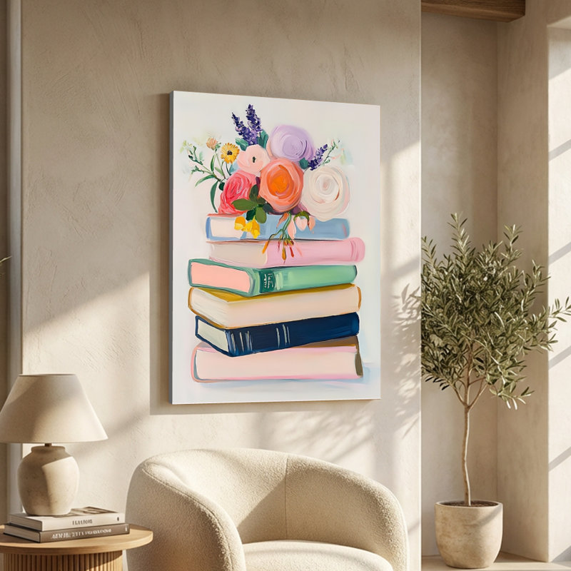 «Bibliophile's Bloom», livres empilés sur toile impressionniste - 24 po x 36 po x 1 po
