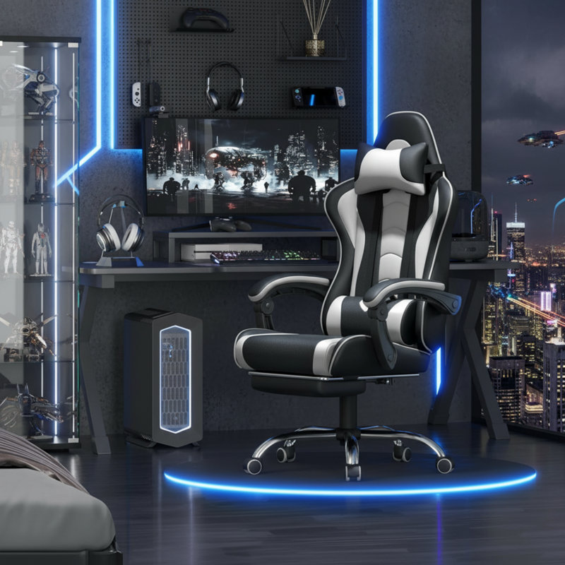 Black And White Ergonomic Gaming Chair With Massage And Lumbar Support, Footrest And Headrest, Height Adjustable And Swivel.