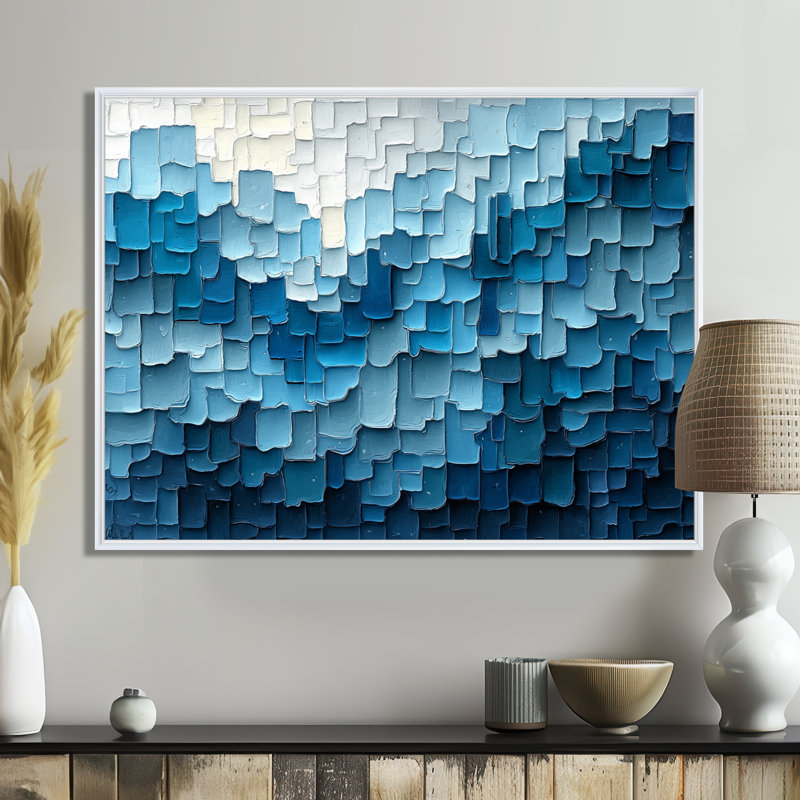 Denham Drip Paint of Blue Cubic Matrix V - Art mural peinture goutte à goutte, H 12 po x l 20 po, Avec cadre, Blanc