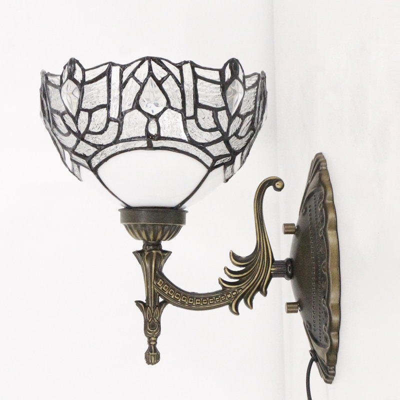 Tiffany Wall Sconce Lamp Blue Stained Glass Flower Style 8X10.5X11 Inch Plug in Wall Bedside Light for Hallway Bedroom (White Crystal Style)