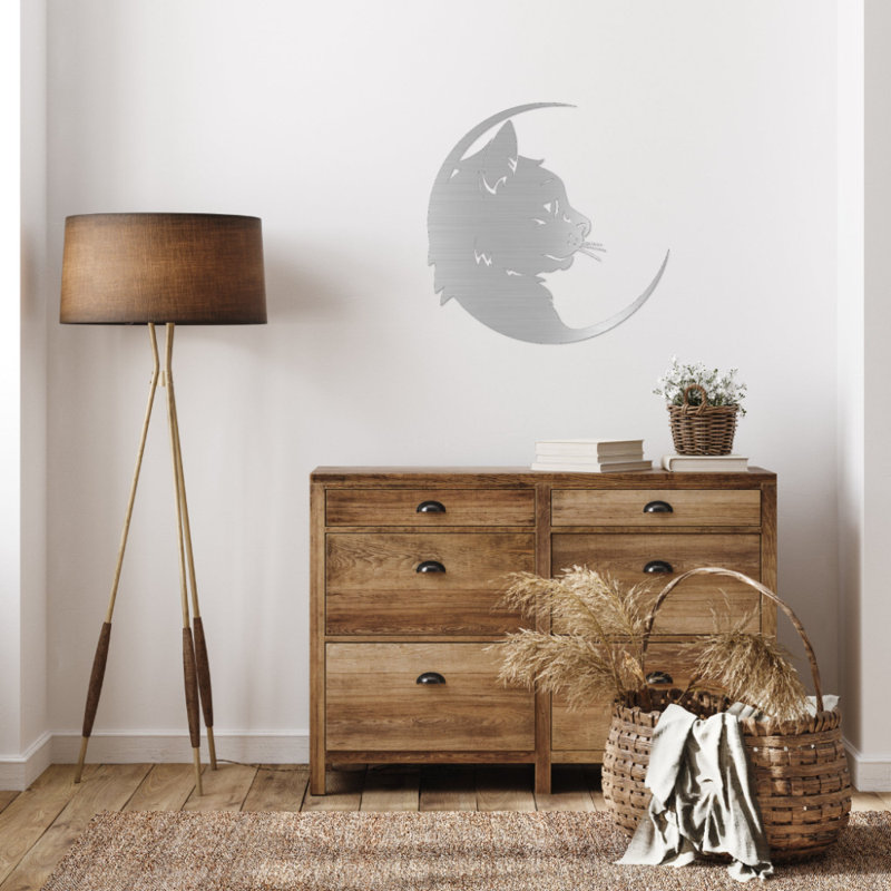 Cat Moon Metal Wall Art - Celestial Cat Silhouette Decor - Night Sky Moon Phase Design - Modern Minimalist Wall Hanging - Rustic Industrial Metal Sculpture - Pet Lover Home Decor - Magical Statement Art Piece
