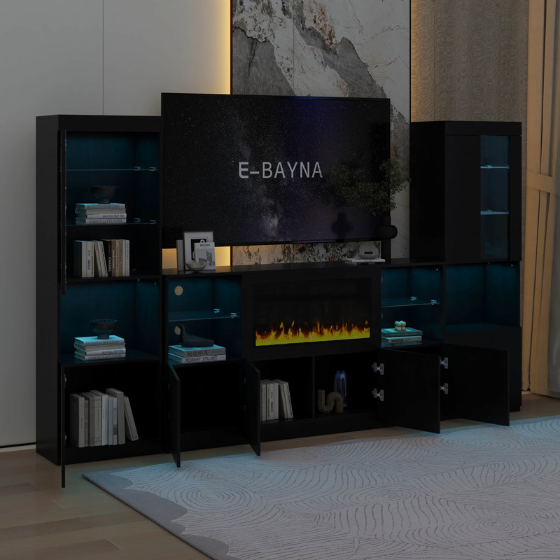 Meuble audio-vidéo avec rangement et foyer électrique non chauffant, Noir