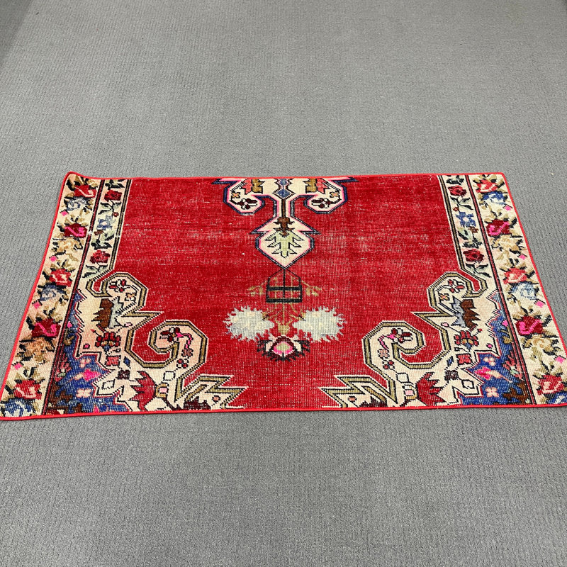 Tapis rouge en laine 29,5 x 52 pouces, motif géométrique traditionnel