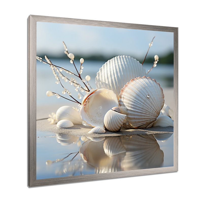 Photographie de coquillage blanc minimal - décoration murale coquillage, H 16 po x l 16 po x P 1 po, Cadre simple argenté