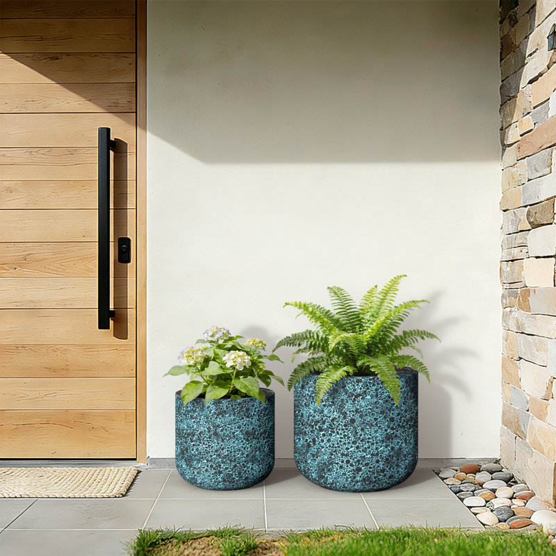 14 in. Medium Turquoise（Upgraded Interior） Concrete Round Cylindrical Planter / Pot with Drainage Holes, Turquoise