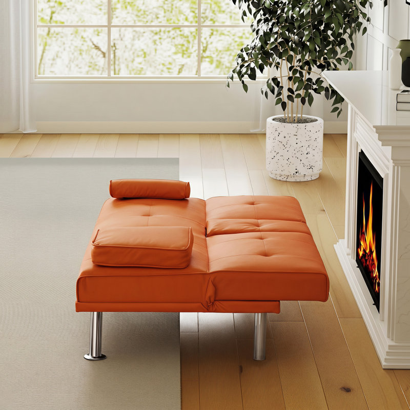 67-inch Orange Leather Multifunctional Double Folding Sofa Bed with Coffee Table for Office Use