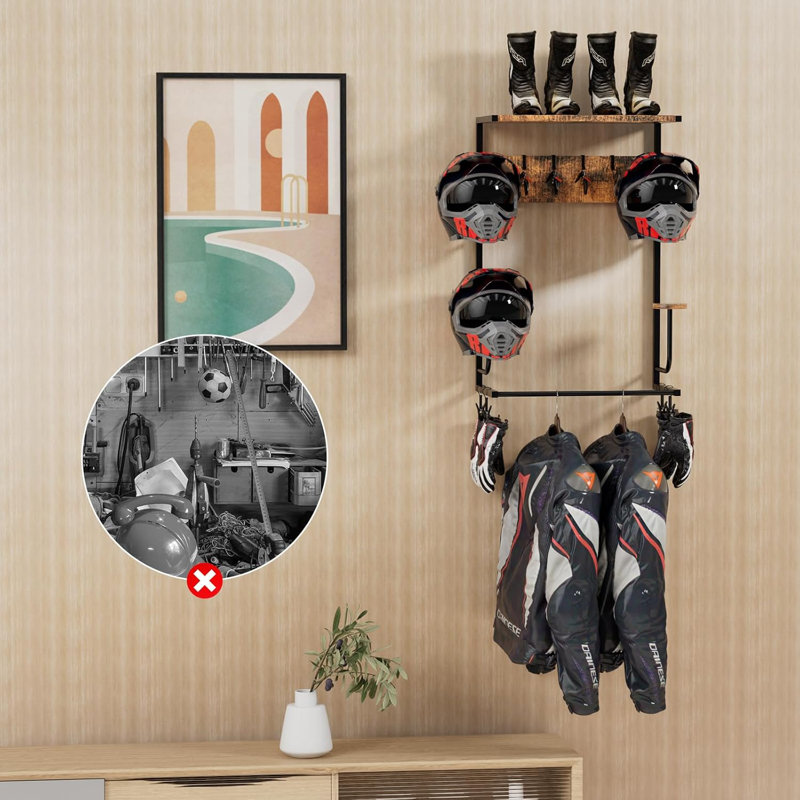 Porte-casque mural pour casque de moto avec 4 puces et crochets pour gants, rétro