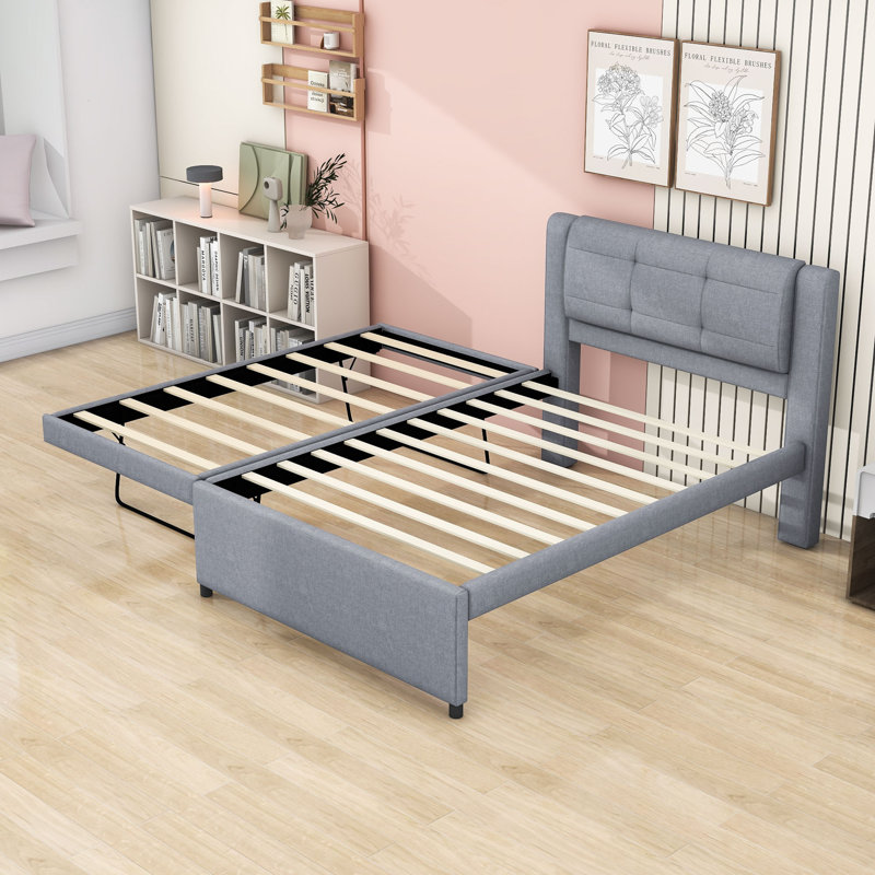 Lit plateforme double en bois avec lit gigogne, gris