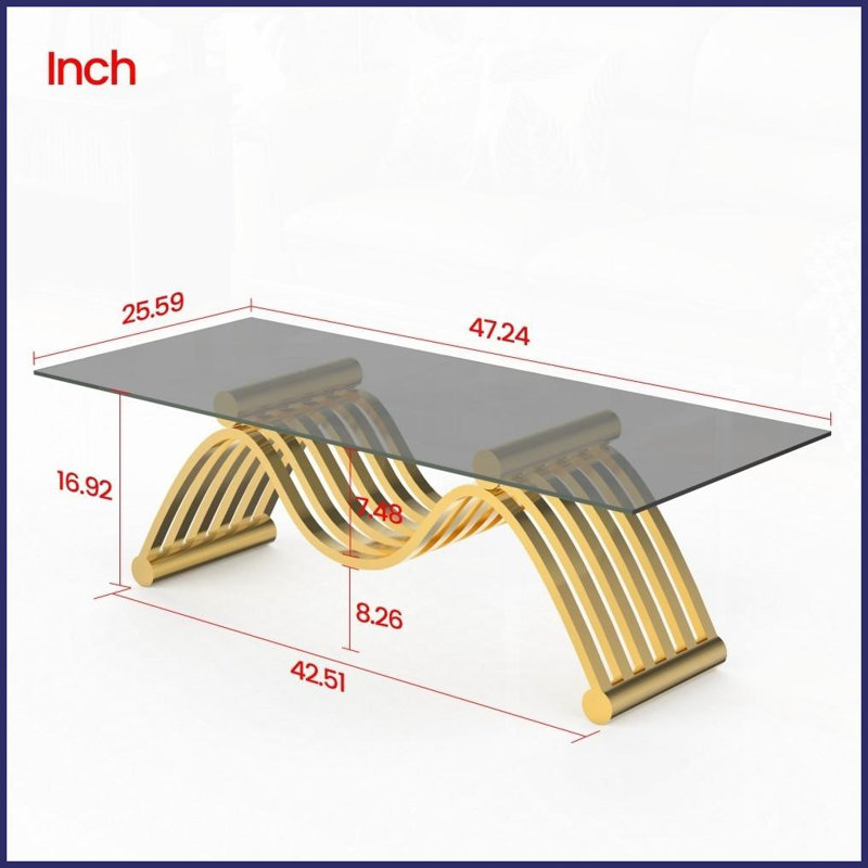 Table basse rectangulaire 47 po en acier inoxydable - verre ondulé, doré, tablette inférieure peu encombrante Facile à nettoyer