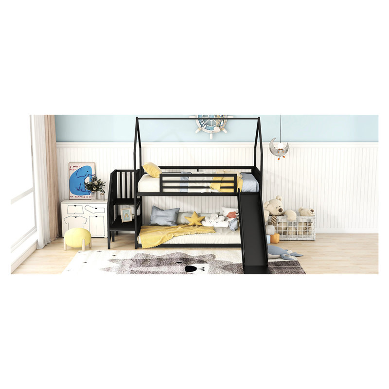 Lit superposé en métal avec lits simples noirs, glissade et escalier pour escalier «Delight» noir, ajoutant du charme à votre chambre à coucher