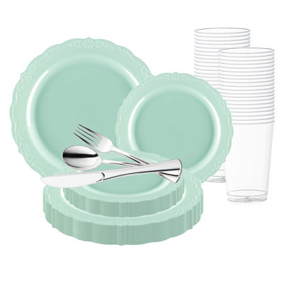 Turquoise Vintage Round Disposable Plastic Wedding Value Set - 60 Settings