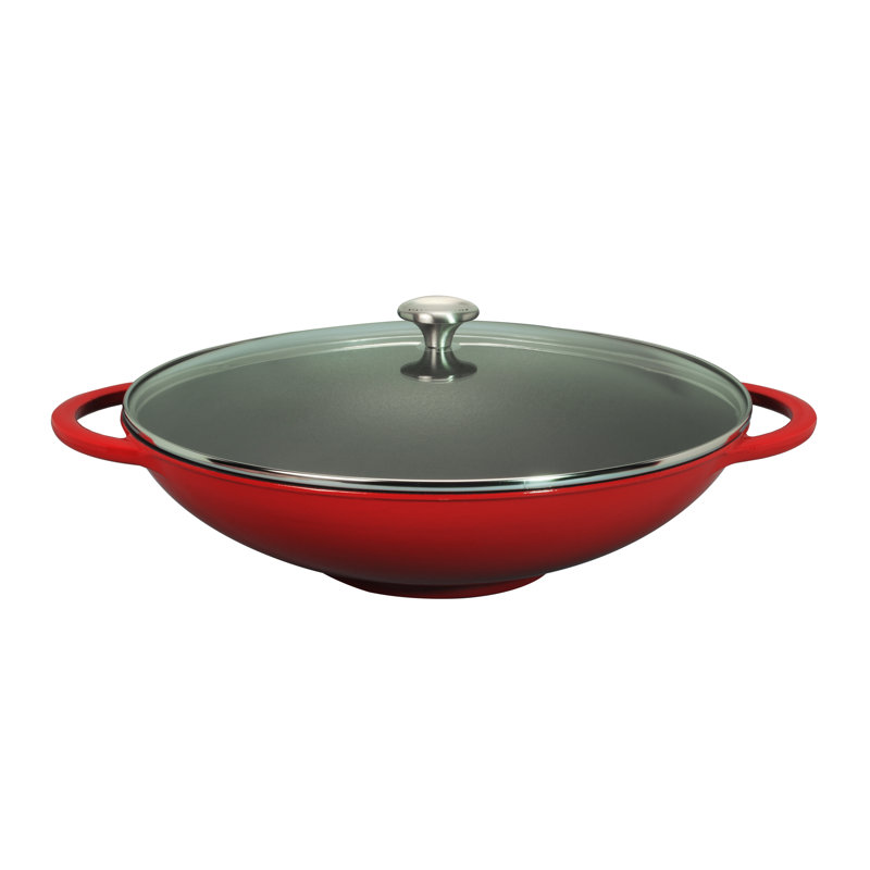 Red Enameled Cast Iron Wok with Glass Lid