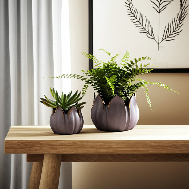 Sagebrook Home 2-Pieces Petal Planters, White, Purple, 7" H x 8" W x 8" D