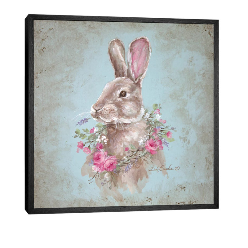 Bunny With Wreath by Debi Coules - Painting on Canvas, Black Framed, 45.72 cm H x 45.72 cm W