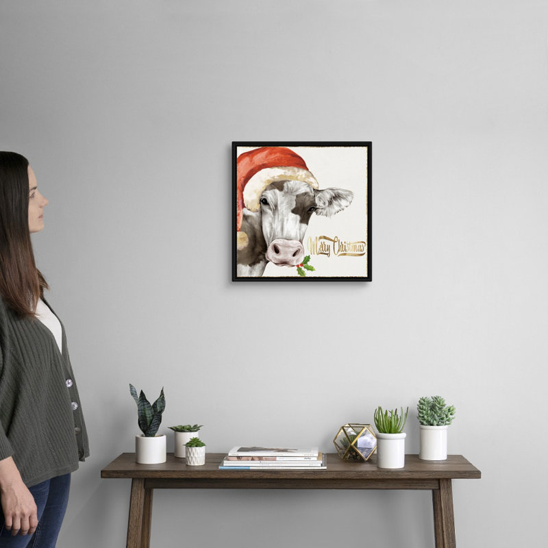 Vache de Noël - reproduction d'art sur toile, H 18 po x l 18 po x P 1,75 po, Cadre noir