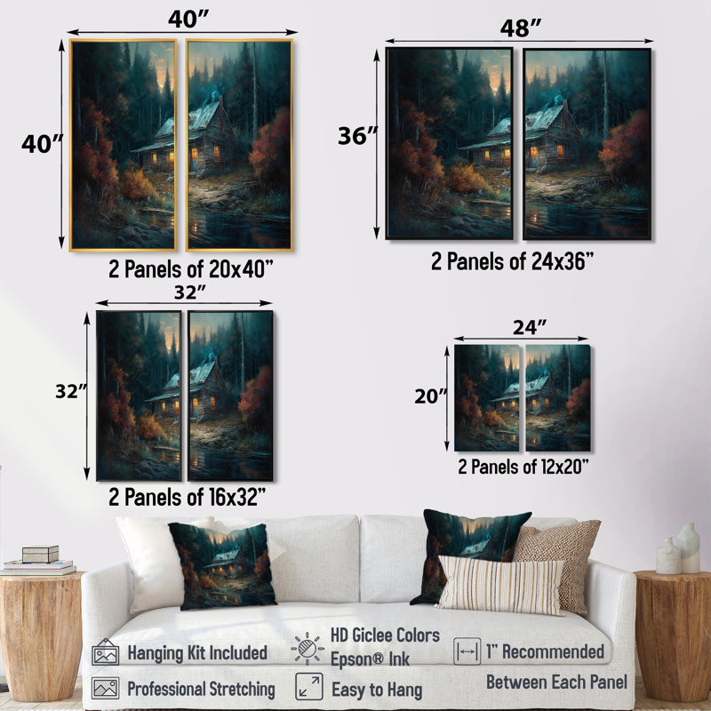 Cabane dans les bois - grande décoration murale forêt 2 panneaux, 36'' H x 48'' W, Impression encadrée flottante, White