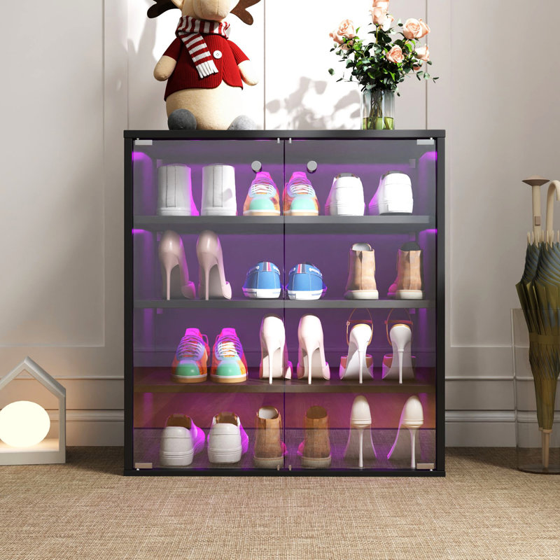 Shoe Box With Led & Tempered Glass Door - 4 Tier Stackable Wooden Storage For Sneakers Display Case Quality Bin, Black