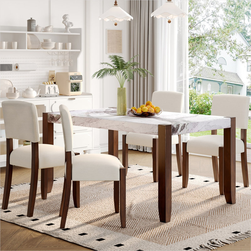 Table de salle à manger rectangulaire avec plateau en faux marbre, 4 places, 46,6 pouces, pieds en bois d'hévéa, ton de cuisine moderne