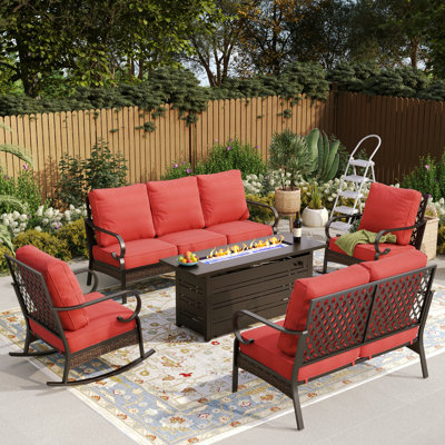 7 Person Outdoor Patio Conversation Set With Fire Pit Table, Rocking Lounge Chairs, & Loveseat