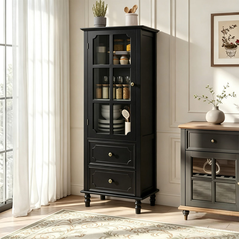 Armoire arquée avec portes en verre et double tiroir, Black